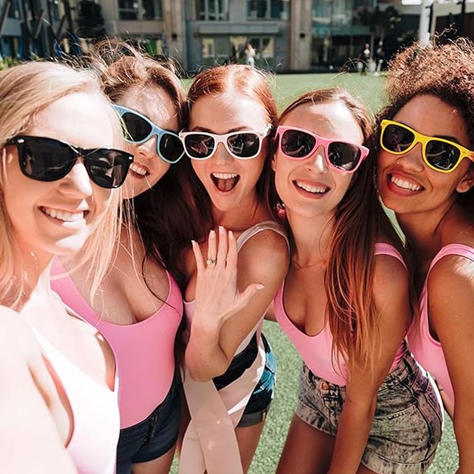 SUNOVELTIES 12/24 Pack Neon Party Sunglasses Mirrored/Jelly Lens Bulk Glasses Horn Rimmed Eyewear for Men Women