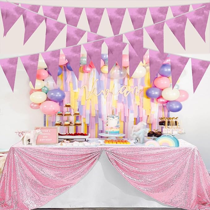 20M/65FT Pink Triangle Pennant Banner Flag Metallic Fabric Bunting Garland for Christmas Graduation Wedding Engagement Anniversary Bachelorette Birthday Bridal Shower Valentines Hen Party Supplies