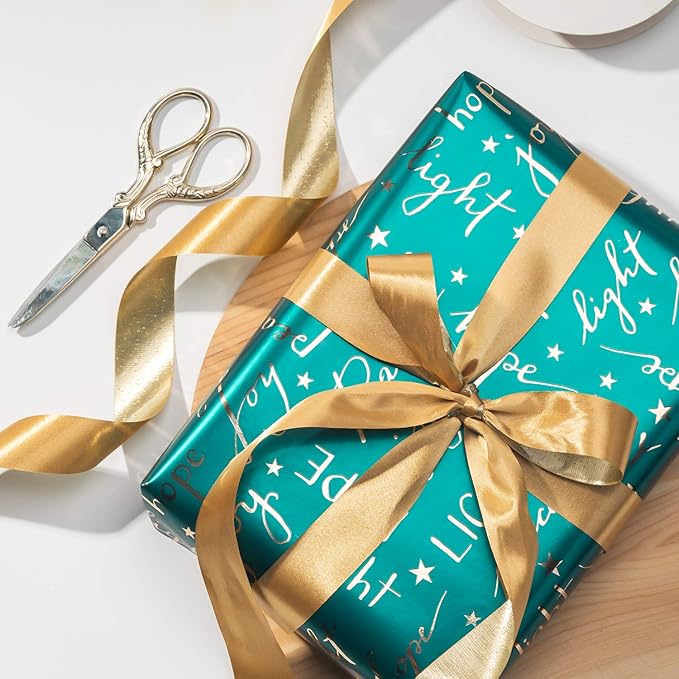WRAPAHOLIC Green Christmas Wrapping Paper Set - Green and Gold Metallic Foil Shine Christmas Wrapping Paper Bundle with Gift Bow & Ribbon & Tag & Sticker