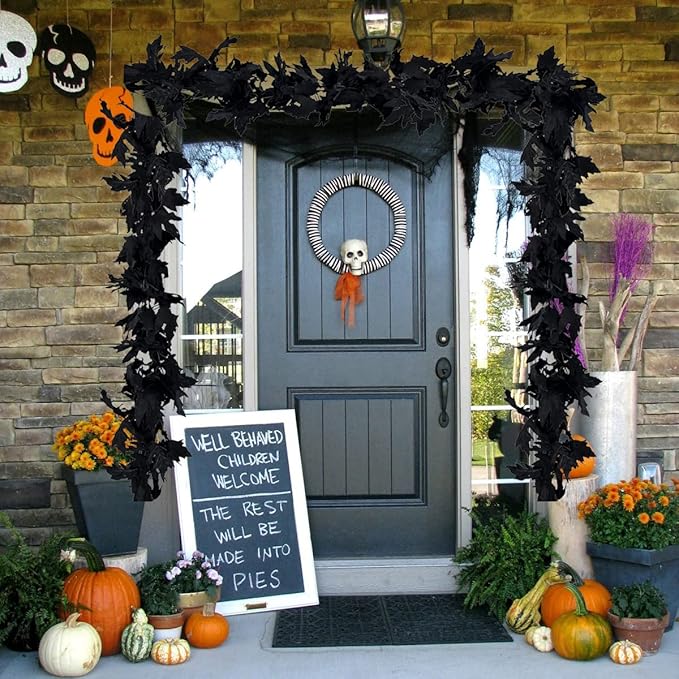 2 Pack Halloween Garlands Fall-Decor Maple Leaf, 6ft Foliage Mantle Vine Artificial Fall-Decorations for Home Fireplace Mantle Front Door Decor(Black)