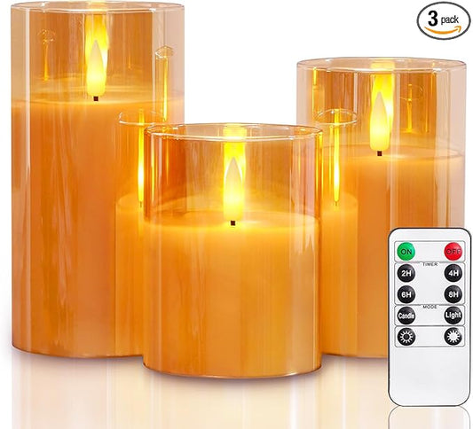 5plots Flameless Battery Operated Candles Set of 3, Gold LED Candles with Remote Timer, Real Wax Glass Pillar Candles Warm Flickering Light for Indoor Home, Halloween, Christmas Decor D3 x H4 5" 6"