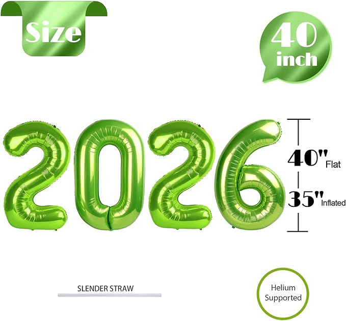 2026 Balloon Numbers - 40 Inch Light Green New Years Eve Party Supplies 2026, Nye Decor Party Decorations Happy New Year, New Years Eve Foil Party Balloons