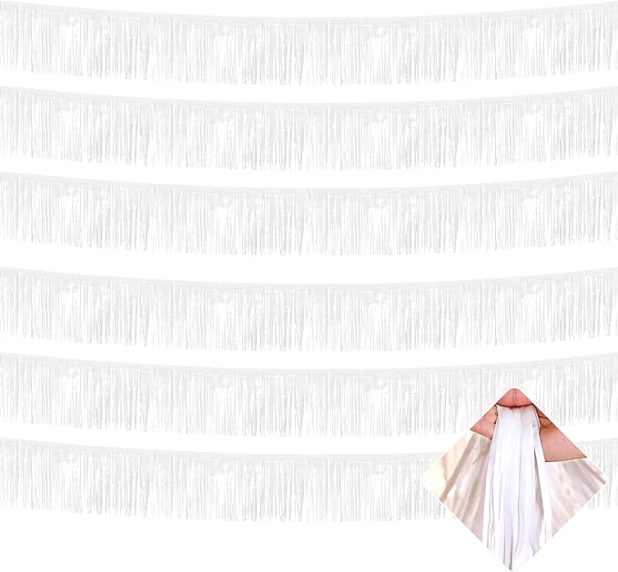 6 Pack 10 Feet Foil Fringe Garland Metallic Tinsel Streamers Banner Wall Hanging Curtain Backdrop for Parade Floats, Bachelorette, Wedding, Birthday, Halloween, Christmas Party Decorations(White)