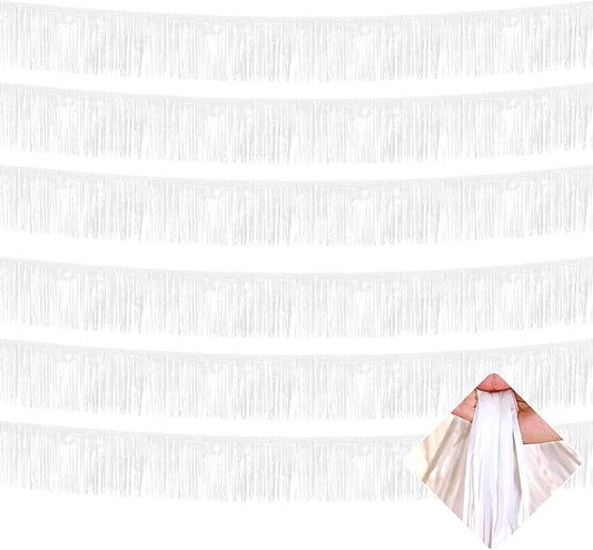 6 Pack 10 Feet Foil Fringe Garland Metallic Tinsel Streamers Banner Wall Hanging Curtain Backdrop for Parade Floats, Bachelorette, Wedding, Birthday, Halloween, Christmas Party Decorations(White)