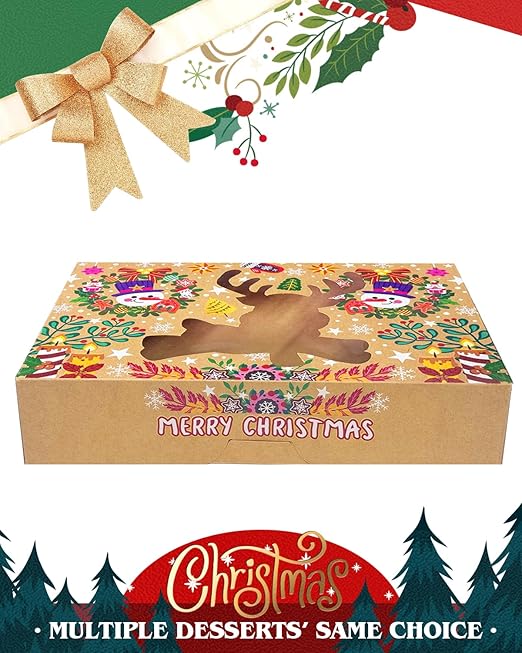 qiqee Christmas Bell version Cookie Boxes with Window 32packs 12x8x2.5 Inch Bakery Box Pastry Box for Christmas