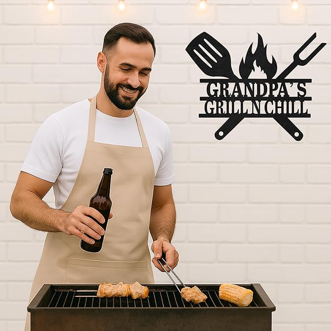 Custom BBQ Grill Metal Sign Personalized Name Wall Art for Outdoor Barbecue Patio Kitchen Backyard Decor Gift for Dad Husband Men Papa Grandpa Father Grilling Enthusiasts Family Lover Funny Gifts 56