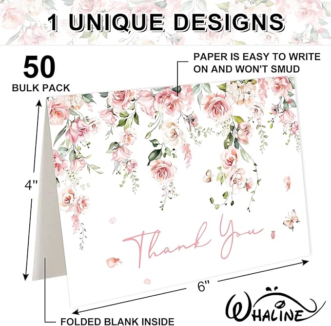 Whaline 50 Pack Pink Flower Thank You Cards Floral Thank You Greeting Note Cards Boxed with Envelope Sticker for Wedding Bridal Shower Birthday Baby Shower
