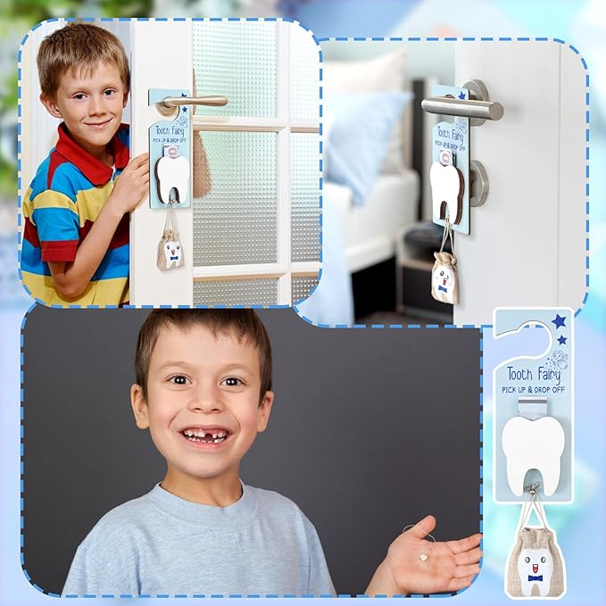 Tooth Fairy Holder Bag Hanger with Money Slot Keepsake Bottle Velvet Pouch Tooth Fairy Box Encourage Gift for Lost Teeth Boy Girl Milk(Classic,Blue Brown)