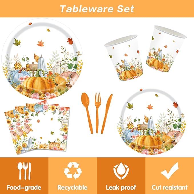 140 Pcs Thanksgiving Party Supplies, Plates and Napkins Set, Disposable Plates for Fall Harvest Autumn Fall Harvest Party Supply Thanksgiving Decor Serves 20