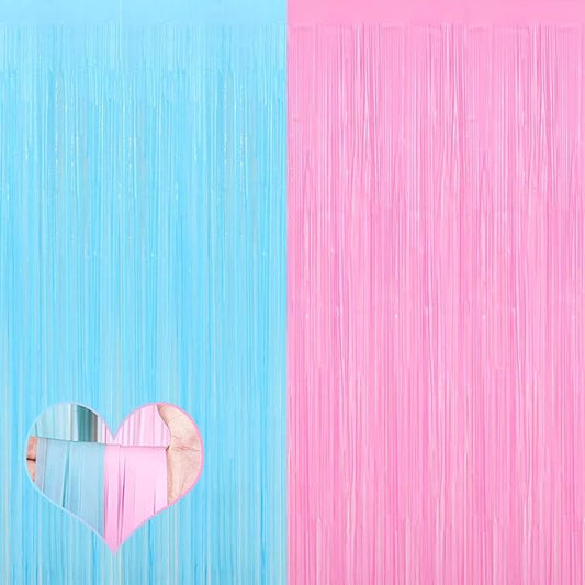 4 Pack 3.2Ft x 9.8Ft Pink Blue Fringe Curtain Backdrop, Metallic Tinsel Foil Fringe Streamers Curtains Background for Photo Booth Wedding Gender Reveal Backdrop Boy or Girl Birthday Party Decoration