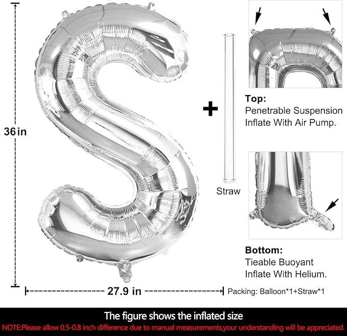Lovoir 40 Inch Large Silver Letter S Balloons Big Size Jumbo Mylar Foil Helium Balloon for Birthday Party Celebration Decorations Alphabet Silver S
