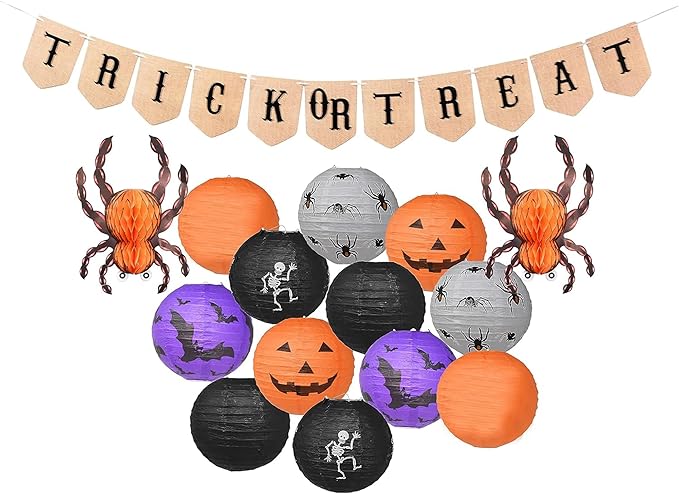 Mudra Crafts Hanging Spider Bat Skeleton Pumpkin Paper Lanterns Outdoor Indoor Jack-o’-Lantern Halloween Decorations Party Banner Set, Orange Black Purple 12-Inch Spooky Lamps