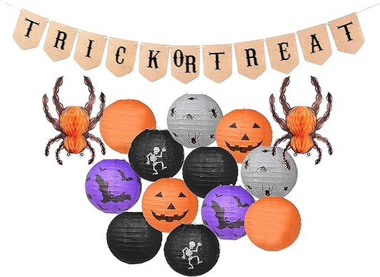 Mudra Crafts Hanging Spider Bat Skeleton Pumpkin Paper Lanterns Outdoor Indoor Jack-o’-Lantern Halloween Decorations Party Banner Set, Orange Black Purple 12-Inch Spooky Lamps