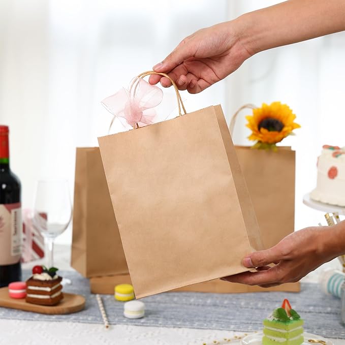 OUTUXED 120pcs Gift Bags, Brown Paper Bag with Handles 7.1x3.6x9.3in Medium Size, Kraft Paper Bags for Party, Businesses,Shopping