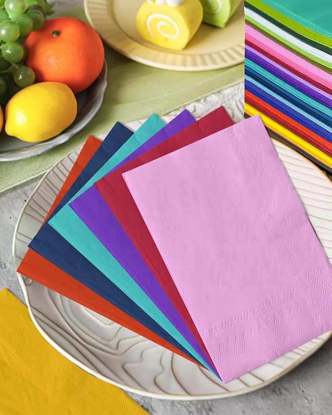qiqee 24 Colors Dinner Paper Napkins 13 * 16inch Guest Disposable Hand Paper Towels for Birthday, Wedding, Party Cocktail, Lunch, Dessert, Kitchen(192 Count）