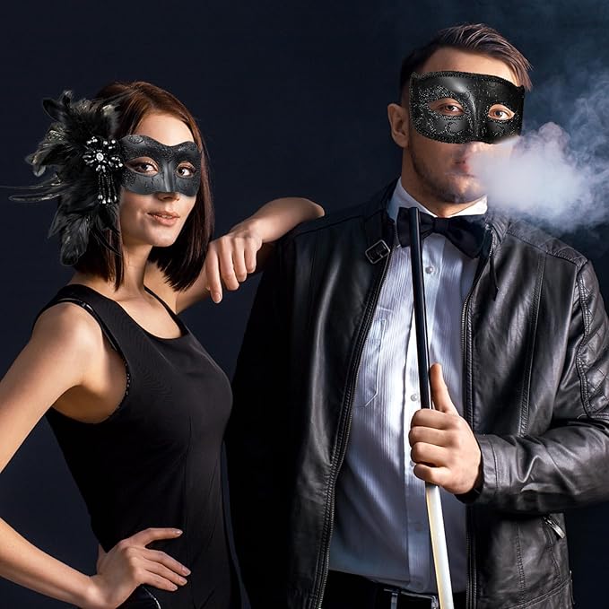2025 New Masquerade Mask with Feather for Couples - Women's Masquerade Mask with Feather & Men Venetian Costume Mask