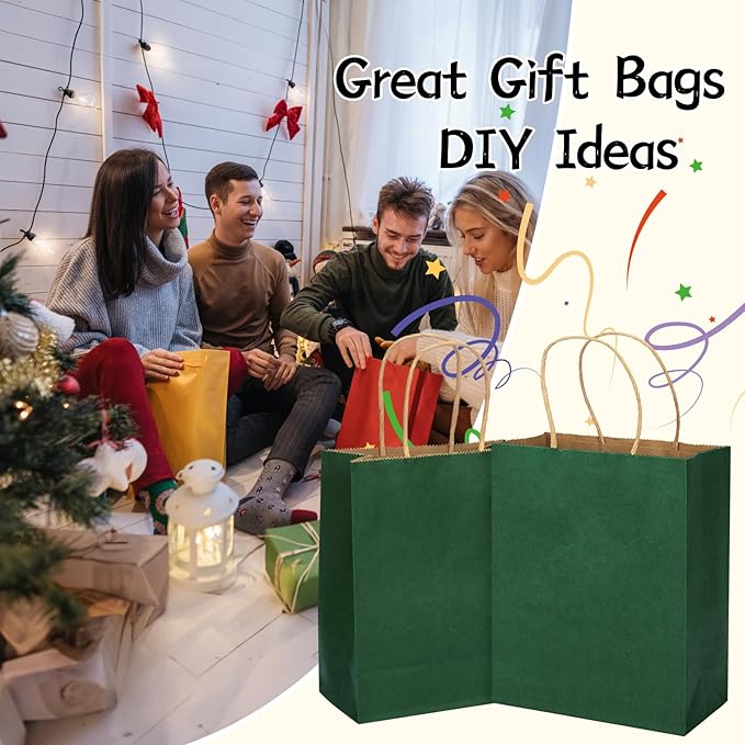 MOZRRO Gift Bags, 100 Pack 10.5x8.5x4.5 Inch, Paper Bags with Handles, Medium Size, Forest Green Gift Bag for Birthday, Wedding, Bulk, Party, Lunch, Goodie
