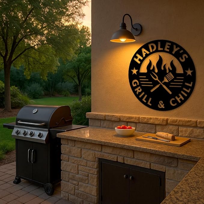 Custom Grill and Chill Metal Sign, Personalized Backyard BBQ Plaque with Fire and Utensils Design, Outdoor Patio Bar Wall Art, Rustic Western Decor, Gift Idea for Birthday, Christmas, Holiday BBQ