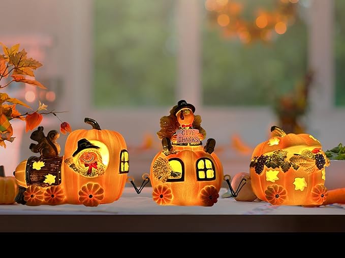 Hexagram Thanksgiving Decorations Indoor - Turkey Decor Thanksgiving Table Decorations - Lighted Turkey Pumpkin Train Decor - Pumpkin Figurines Centerpieces for Tables - Light Up Home Tabletop