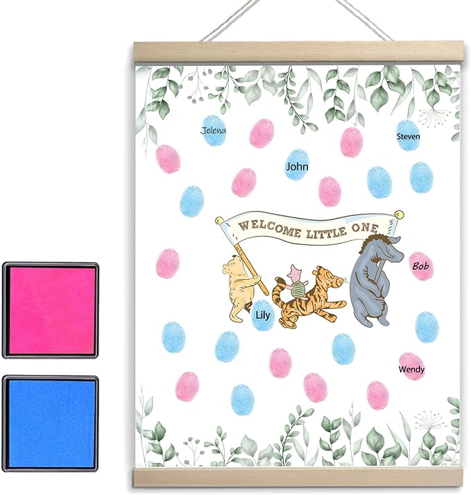 Winnie Gender Reveal Fingerprint Tree Canvas Hanging Paintings , Baby Shower Gender Reveal Decorations Fingerprint Gifts Ideas - Boy or Girl Games Party Supplies - Pooh Gender Reveal Party Decor Keepsake (12x15in）