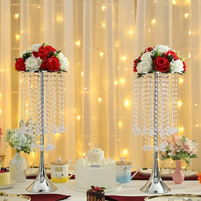 Artificial Flowers, 6 Pcs Flower Ball Arrangement Bouquets 15 Heads Plastic Roses with Base, Perfect for Wedding Party Valentines Table Decoration, Home Décor, Wedding Centerpieces (red White)