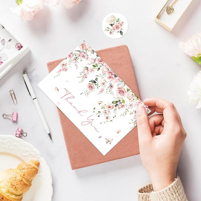Whaline 50 Pack Pink Flower Thank You Cards Floral Thank You Greeting Note Cards Boxed with Envelope Sticker for Wedding Bridal Shower Birthday Baby Shower