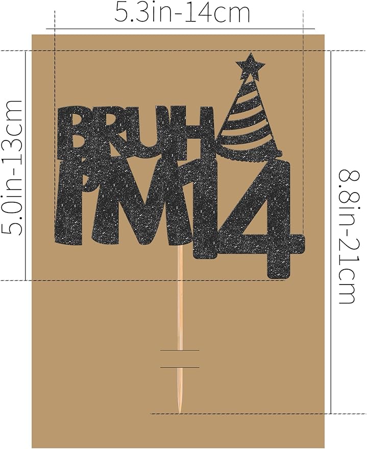 Bruh I’m 14 Cake Topper - Glitter Black 14th Birthday Cake Decorations, 14 Years Old Birthday Cake Smash Decor (14)