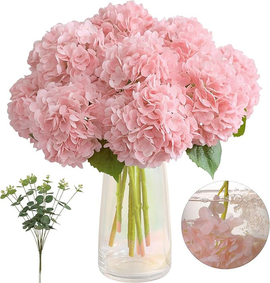 Tifuly Fake Hydrangea Artificial Flowers with Vase 4pcs Real Touch Faux Hydrangea with 3pcs Eucalyptus Stems for Wedding Centerpiece Home Party Table Decoration（Pink）