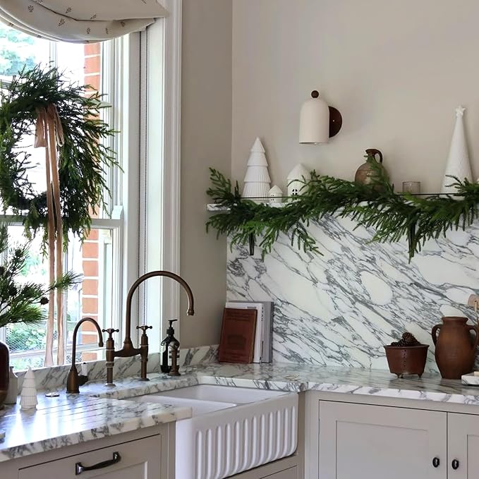 2pcs Christmas Norfolk Pine Garland, Real Touch Artificial Greenery Garland for Holiday Mantle Table Wall Fireplace Windows Indoor Outdoor Home Decorations(2, 6FT)