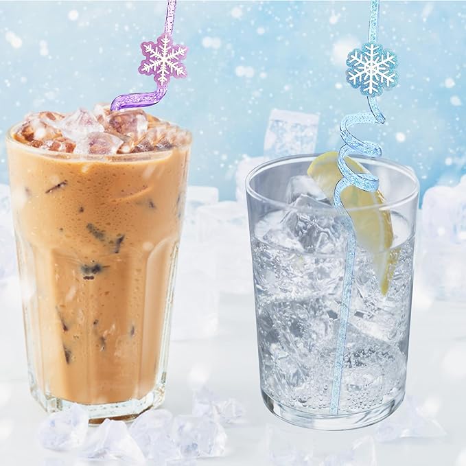 24Pcs Glitter Reusable Frozen Plastic Straws Drinking Straws, 4 Snowflake Shape & 4 Colors, Frozen Party Decoration Birthday Party Supplies