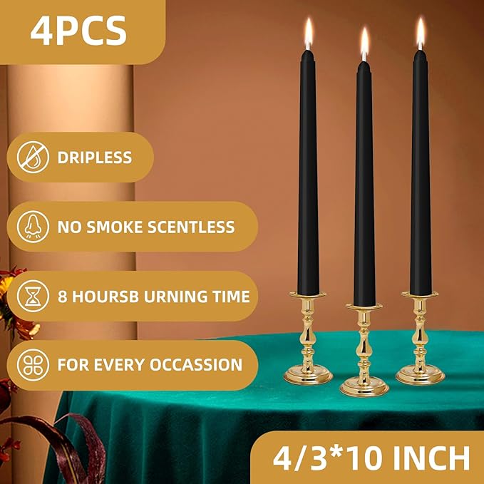 4 Pack Black Taper Candles - Taper Candles 10 Inch Dripless, Smokeless & Unscented - 8 Hours Long Burning - Hand Poured Tall Candlesticks - Ideal for Weddings, Dinner Parties, and Home Decor