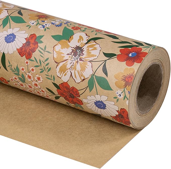 WRAPAHOLIC Kraft Floral Wrapping Paper Roll - Mini Roll - 17 Inch x 33 Feet - All Occasion Flower for Wedding Bridal Shower Birthday