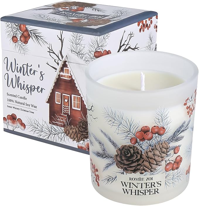 ROMIIE ZOI Christmas Scented Jar Candle - 6oz Soy Wax Candle - Winter's Whisper Infused with Wintery Christmas Trees Aroma - with Beautiful Keepsake Box Special for Holiday Gifts