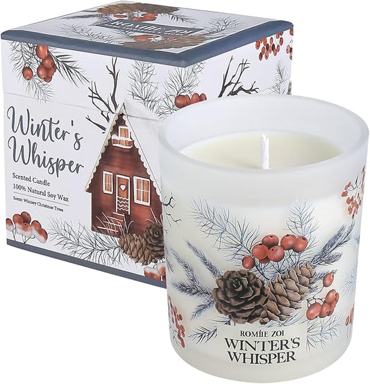 ROMIIE ZOI Christmas Scented Jar Candle - 6oz Soy Wax Candle - Winter's Whisper Infused with Wintery Christmas Trees Aroma - with Beautiful Keepsake Box Special for Holiday Gifts