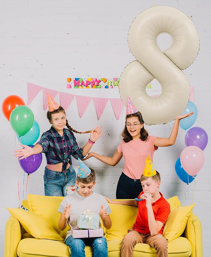 Smlpuame 40 Inch Beige Number 8 Balloons for 8th Birthday Decorations Boys Girl, Giant Self-Sealing Cream Foil Number 0-10 White Sand Balloon for Women Men Party Anniversary Baby Shower Supplies