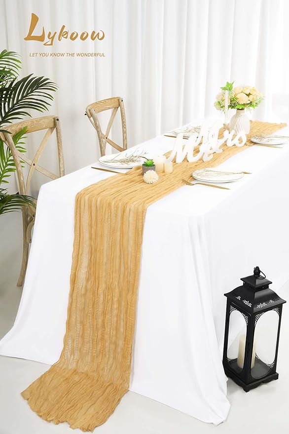 10 Packs Cheesecloth Table Runner Gold, 10Ft x 35" Sand Gauze Boho Wedding Table Runner Decoration, Wedding Table Decor Table Cloth for Wedding Party Bridal Shower Table