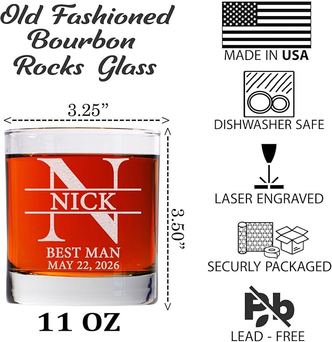 Set Of 3, Personalized Whiskey Glass For Groomsman Gifts, Best Man, Groom, 11oz Old Fashioned Custom Monogrammed Whiskey Glass