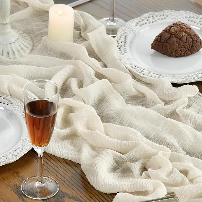 Artoid Mode Boho Beige Gauze 6 Pieces Wedding Table Runner, 120 Inch Birthday Fabric Kitchen Dining Holiday Table Decor for Home Party Indoor