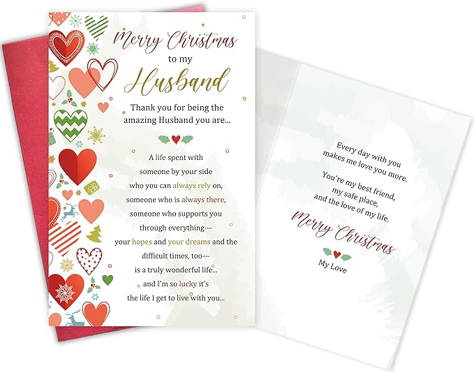 Sweet Poem Christmas Card for Husband, Heartfelt Holiday Card Gift Ideal from Wife, Merry Christmas To My Husband