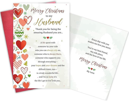 Sweet Poem Christmas Card for Husband, Heartfelt Holiday Card Gift Ideal from Wife, Merry Christmas To My Husband