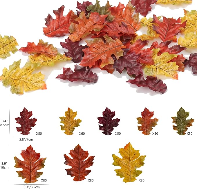 500PCS Artificial Autumn Oak Fall Leaves Cloth Assorted Mixed Autumn Maple Leaf Art Scrapbooking Decor for Thanksgiving Wedding Party Events Indoor Outdoor Wreath Decoration (5 Colors and 2 Sizes)