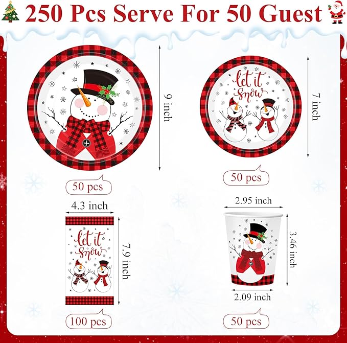 250 Pcs Christmas Snowman Paper Plates and Napkins Party Supplies Red Black Buffalo Plaid Winter Disposable Tableware Set for Christmas Winter Holiday Xmas Party Decoration