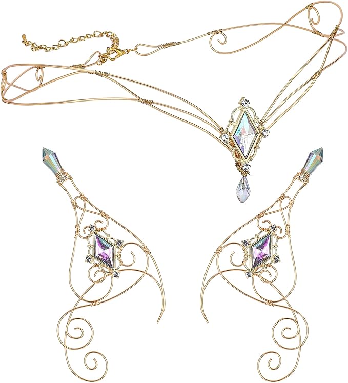 Renaissance Fairy Tale Costume Set - Elf Ear Cuff Earrings Decorative Medieval Fairy Winding Tiara Crown for Cosplay