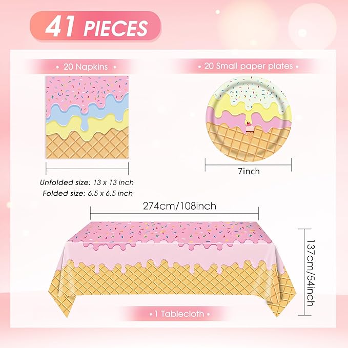 41Pcs Ice Cream Party Decorations,Ice Cream Disposable Tableware Kit with Paper Plates Napkins Tablecloth丨Gender Reveal Party,Toddler Party,Baby Bridal Shower Boys Girls Birthday Decorations,Serves 20