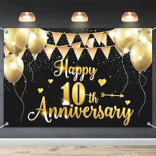 HAMIGAR 6x4ft Happy 10th Anniversary Banner Backdrop - 10 Wedding Anniversary Decorations Party Supplies - Black Gold