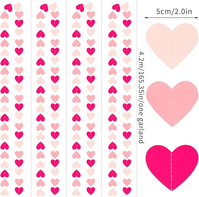 Hot-Pink Party-Decorations Heart Garland - 52Ft Proposal Special Night Galentines Wedding Paper Streamers Banner, Girl Birthday Engagement Bachelorette Decor Lasting Surprise