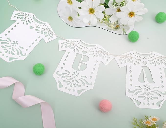 Lace Bodysuit Baby Shower Banner - Papel Picado Gender Reveal Party Decor, Baby Bodysuit Onesie Banner