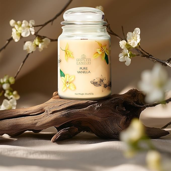 Vanilla Candle 22oz 16" x 9" Reusable Jar Candle 130 Hours Long Burn Time with Wooden Wick in Presentation Gift Box & Protective Shipper Spotless Leopard