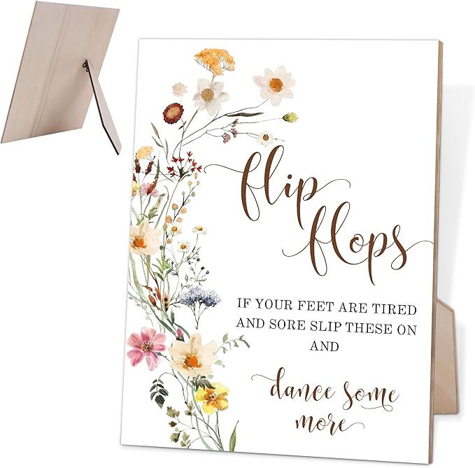 Flower Wedding Flip Flops Sign, Bride Flip Flops, Bridal Shower Party Decor, Wedding Decorations for Reception, Table Centerpieces for Party, 6X8 Inch Wooden Bridal Shower Signs with Stand, 15