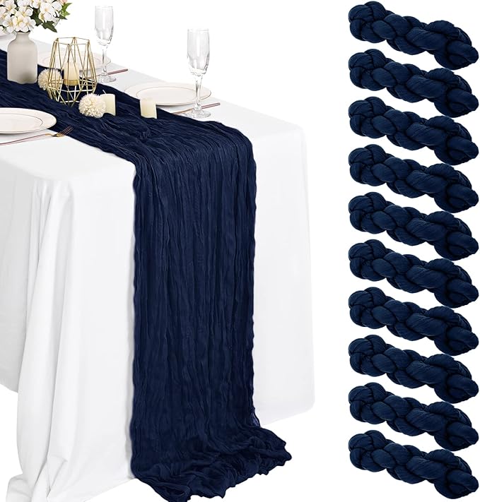 10 Packs Cheesecloth Table Runner Navy Blue, 35x120 inch Dark Blue Rustic Gauze Boho Wedding Table Runner Decoration, Wedding Table Decor Table Cloth for Wedding Party Bridal Shower Table